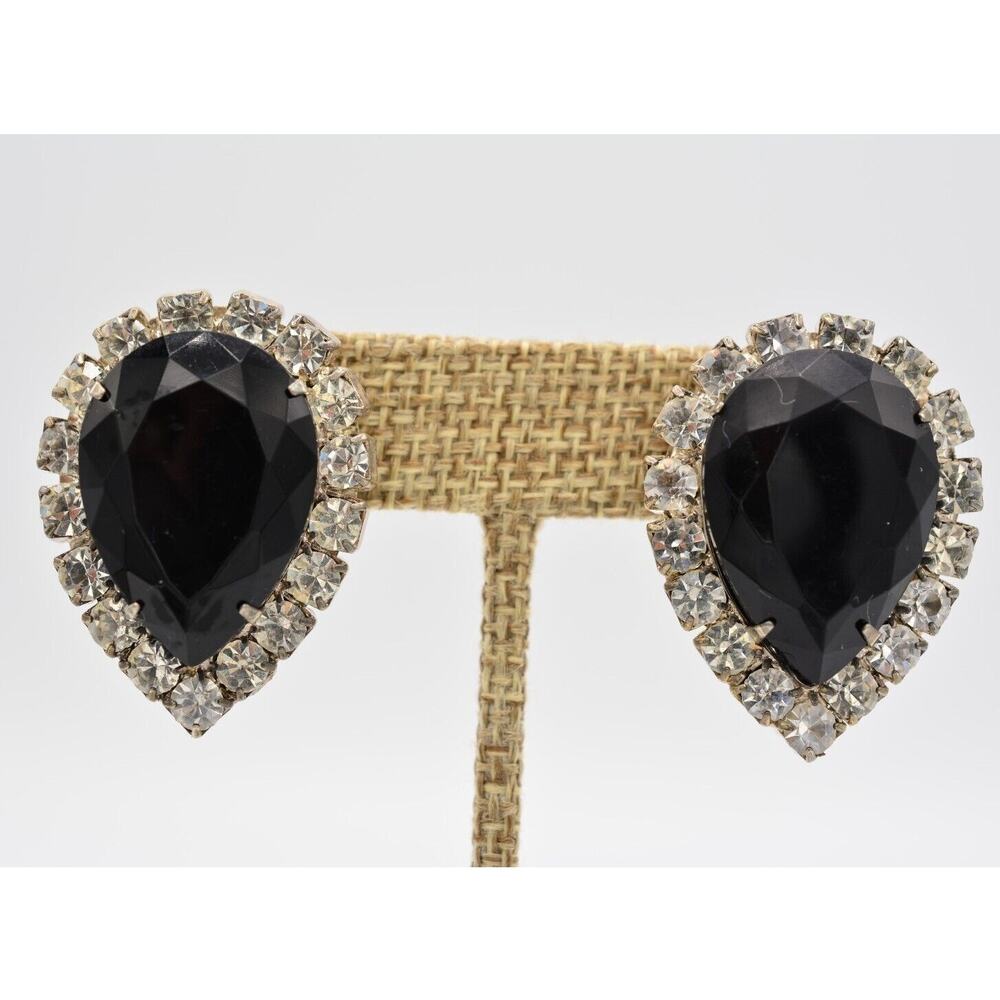 Vintage Crystal Clip On Earrings Black Silver Teardrop Chunky NOS 1980s BinA6